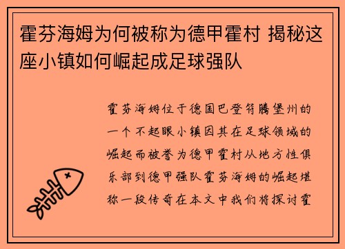 霍芬海姆为何被称为德甲霍村 揭秘这座小镇如何崛起成足球强队