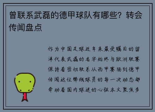 曾联系武磊的德甲球队有哪些？转会传闻盘点
